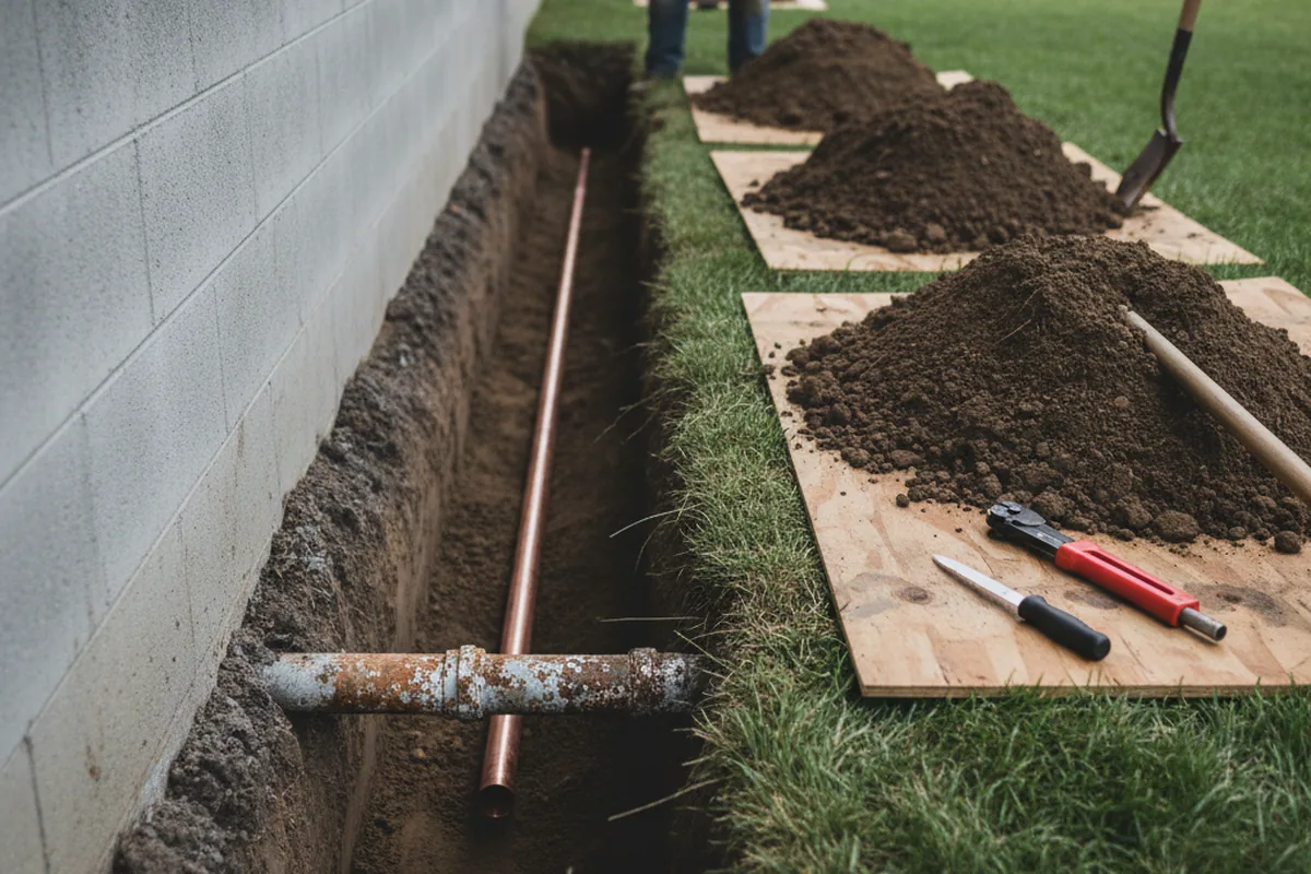 Excavated water line trench during Sewer Line Repair in Belvedere Tiburon